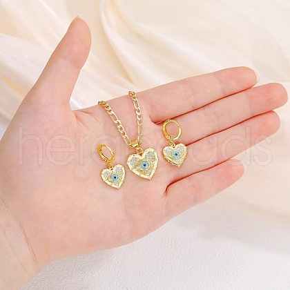 Heart with Eye Pattern 304 Stainless Steel Micro Pave Cubic Zirconia Pendant Necklace & Hoop Earrings Sets FS-WGB58AC-04-1