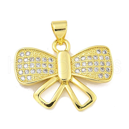 Bowknot Rack Plating Brass Clear Cubic Zirconia Pendants KK-Z053-14G-02-1