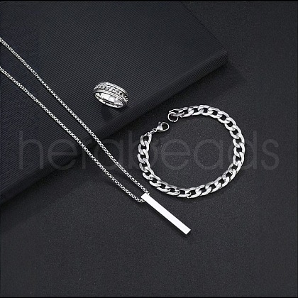 Alloy Cuboid Pendant Necklaces & Curb Chain Bracelets & Rings Sets FS-WG20982-02-1
