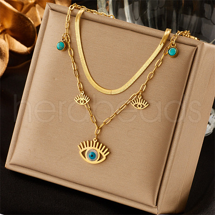 304 Stainless Steel & Synthetic Turquoise Pendant Double Layer Necklaces for Women FS-WG34384-02-1