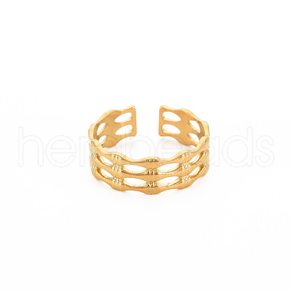 Ion Plating(IP) 304 Stainless Steel Bamboo Shape Open Cuff Ring for Women RJEW-S405-201G-1