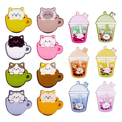 14 Pieces Acrylic Brooch Pins Set Cup Cat and Animal Milk Tea Label Pins Cute Cartoon Animal Badges Pins Creative Backpack Pins Jewelry for Jackets Clothes Hats Decorations JBR111A-1