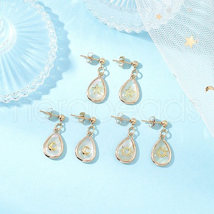 3Pcs Brass Natural Paua Shell Teardrop Dangle Stud Earrings EJEW-JE06408-1