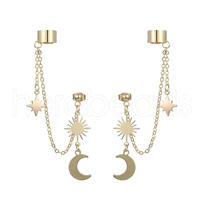 Brass Dangle Stud Earrings with Ear Cuff EJEW-TA00295-1