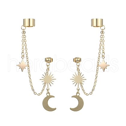 Brass Dangle Stud Earrings with Ear Cuff EJEW-TA00295-1