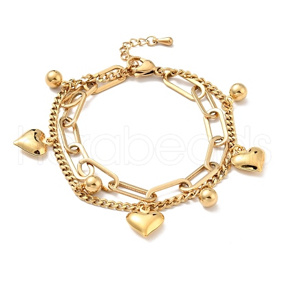 Heart and Round Ball Charm Multi-strand Bracelet BJEW-G639-24G-1