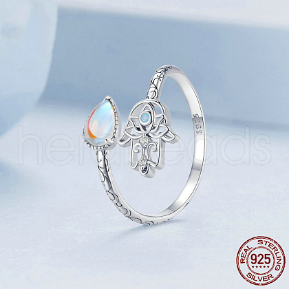 Hamsa Hand & Teardrop 925 Sterling Silver Cubic Zirconia & Opal & Moonstone Cuff Rings FS-WG148EA-01-1