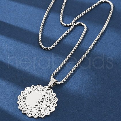 Mandala Flower 304 Stainless Steel Box Chain Pendant Necklaces NJEW-K253-35P-1