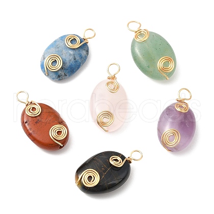 6Pcs Natural Mixed Gemstone Copper Wire Wrapped Pendants PALLOY-JF02143-1