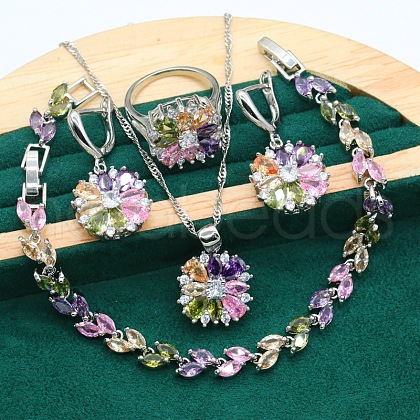 Flower Brass Pave Cubic Zirconia Pendant Necklaces & Earring & Ring & Link Bracelets Sets for Women FS-WG38B31-02-1