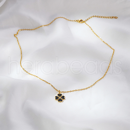 Simple Stainless Steel Black Enamel Heart Clover Pendant Necklaces for Women's Daily Wear YE9051-2-1