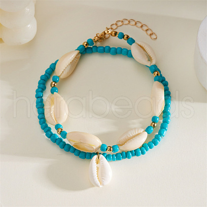 Bohemian Style Natural Cowrie Shell Charm & Glass Seed Beaded Stretch Double Layer Anklets for Women FS-WGC801A-04-1