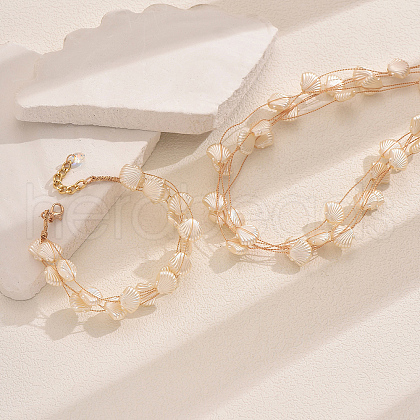 Elegant Brass Plastic Shell Multi-layer Bracelets & Necklaces Sets for Women FL3722-1