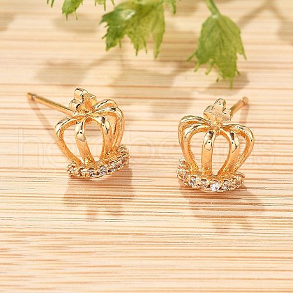 Crown Brass Micro Pave Clear Cubic Zirconia Stud Earrings for Women EJEW-G428-06G-1