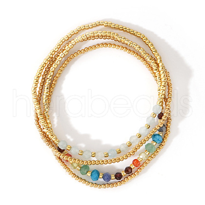 4Pcs Luxury Natural Aquamarine Round Beads & Moonstone & Lapis Lazuli & Malaysia Jade & Glass & Cubic Zirconia & Purple  Garnet & Red Garnet & Glass Seed Beads Stretch Bracelet Set for Women AP3962-6-1