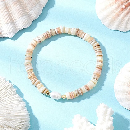 Natural Cultured Freshwater Pearl & Shell & Brass Spacer Beads Stretch Bracelets for Women BJEW-JB11874-02-1