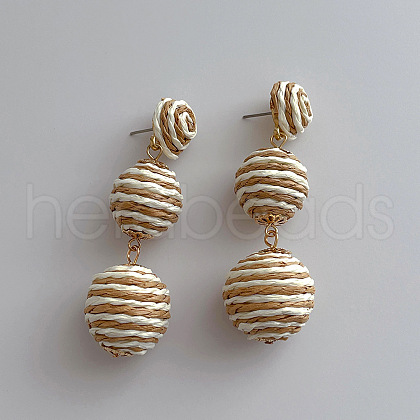 Alloy Raffia Round Beaded Dangle Stud Earrings FS-WG4318B-04-1