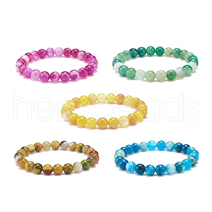 Natural Agate Round Beaded Stretch Bracelet BJEW-JB08396-1