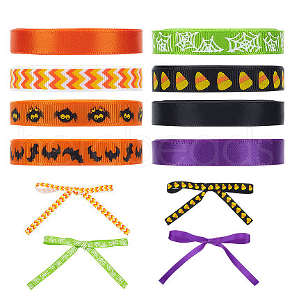   8Rolls 8 Colors Halloween Polyester Printed Grosgrain Ribbon OCOR-PH0004-26-1