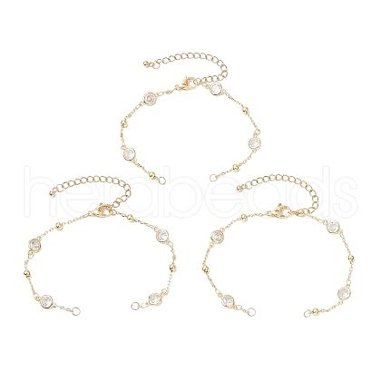 304 Stainless Steel & Brass Clear Cubic Zirconia Flat Round Link Chain Bracelet Making AJEW-JB01341-1