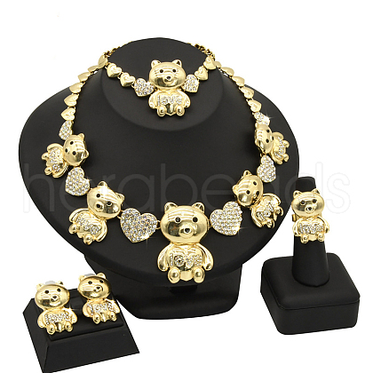 Bear Alloy Crystal Rhinestone Link Chain Necklace & Bracelet & Stud Earring & Rings Sets FS-WGE7BD9-01-1