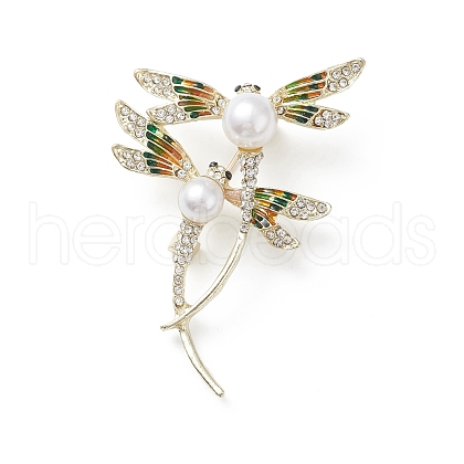 Rhinestone Dragonfly Brooch Pin with Plastic Pearl Beaded JEWB-M026-03G-1