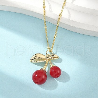 Brass Resin Fruit Cherry Pendant Satellite Chain Necklaces for Women NJEW-D306-02G-A-1