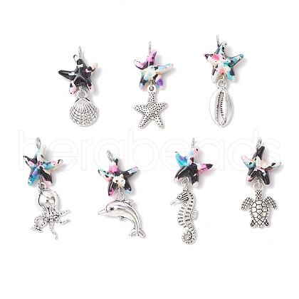 7Pcs 7 Styles Dyed Synthetic Turquoise Starfish & Alloy Sea Animals Pendants PALLOY-JF03754-05-1