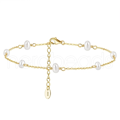 925 Sterling Silver Cable Chain Anklet with Oval Natural Freshwater Pearls for Women AJEW-F162-003G-1