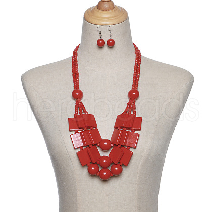 Wood Rectangle & Round Beaded Multilayer Necklaces & Dangle Earrings Sets FS-WG1E68D-03-1