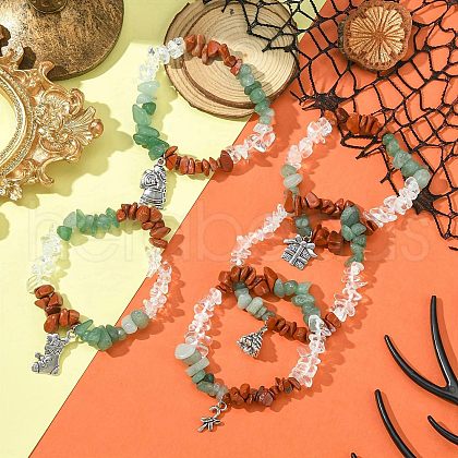 5Pcs 5 Styles Natural Green Aventurine & Natuarl Red Jasper & Glass Chip Beaded Stretch Bracelet Sets BJEW-JB09499-S-1