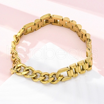304 Stainless Steel Cuban Link & Panther chain Bracelets for Women Men BJEW-R018-11G-1