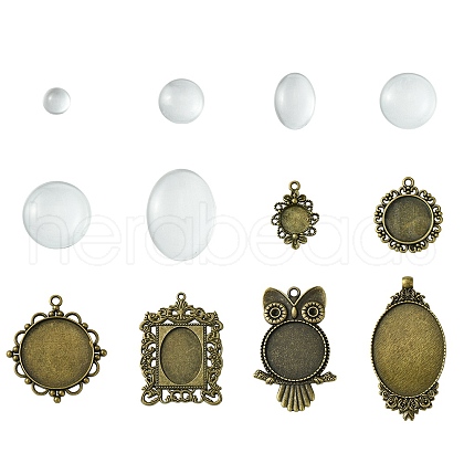 DIY Blank Owl/Round Glass & Tibetan Style Alloy Pendant Making Kits DIY-FS0006-11-1