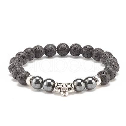 Natural Lava Rock & Synthetic Hematite Stretch Bracelet with Alloy Tube Beaded BJEW-JB08319-02-1