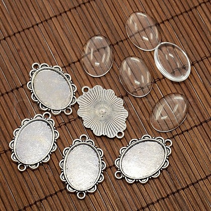 25x18mm Oval Dome Clear Glass Cover and Antique Silver Alloy Cabochon Connector Settings Sets DIY-X0082-AS-NF-1