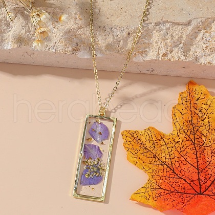 Rectangle with Inner Flower Resin Pendant Iron Cable Chain Necklaces for Women FS-WG0F8F1-02-1