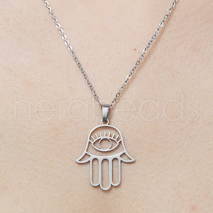 201 Stainless Steel Hollow Hamsa Hand with Eye Pendant Necklace NJEW-OY001-77-1
