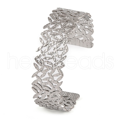 Non-Tarnish 304 Stainless Steel Hollow Leaf Open Cuff Bangles for Women BJEW-K241-03D-P-1