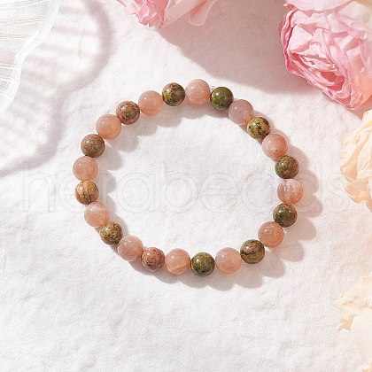 Natural Unakite & Multi-Moonstone Round Beaded Stretch Bracelets for Men Women BJEW-JB11951-01-1