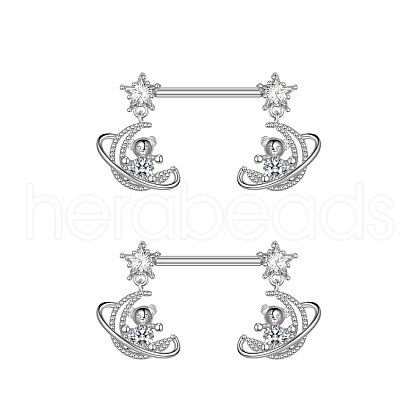 304 Stainless Steel Cubic Zirconia Moon Bear Dangle Nipple Barbells WG20A72-08-1
