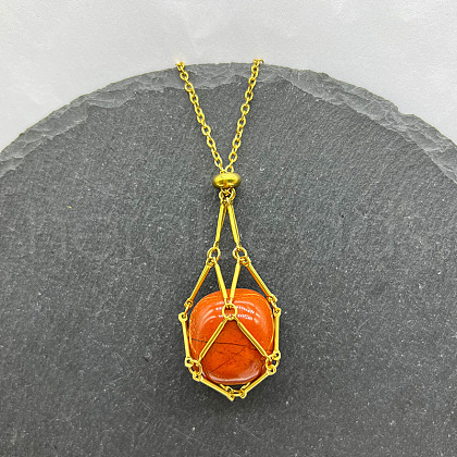 Natural Red Jasper Nuggets Macrame Pouch Pendant 201 Stainless Steel Chain Necklaces FS-WG7A779-15-1