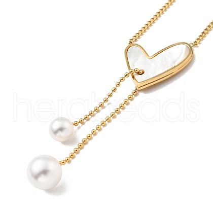 Synthetic White Shell Heart with Plastic Pearl Pendant Necklace NJEW-G036-05G-1