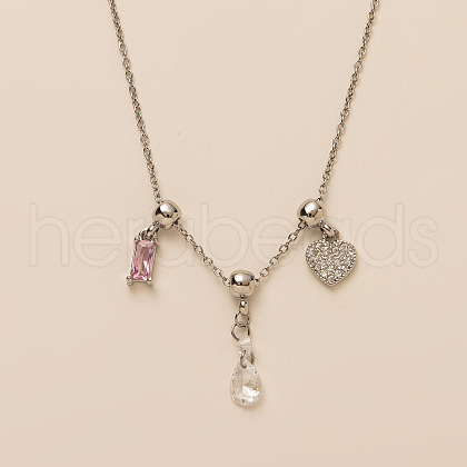 Rectangle Heart Brass Pave Clear and Pink Cubic Zirconia Pendant Necklaces for Women FS-WG06C6B-08-1