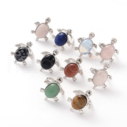 Tortoise Platinum Tone Brass Natural & Synthetic Mixed Stone Wide Band Finger Rings RJEW-M130-M-1