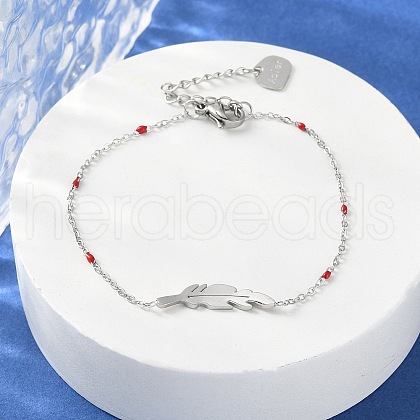 304 Stainless Steel Feather Link Bracelets for Women BJEW-A036-17P-1