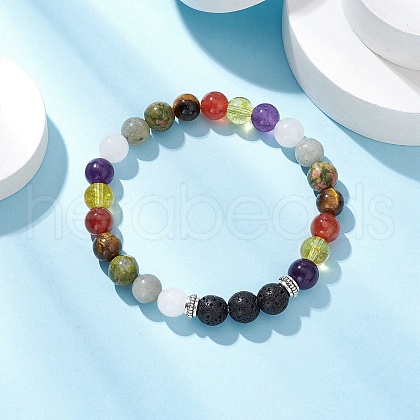 Natural & Synthetic Mixed Gemstone Round Beaded Stretch Bracelets for Womenm Men BJEW-JB11556-1
