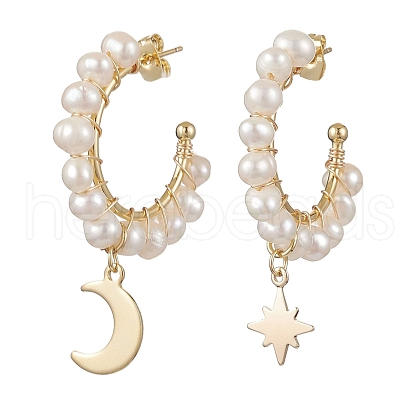 Mother's Day Jewellery Moon & Star Natural Pearl Dangle Half Hoop Earrings EJEW-JE05895-02-1