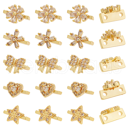 BENECREAT 20Pcs 5 Style Rack Plating Brass Pave Clear Cubic Zirconia Flower Slide Charms KK-BC0012-86-1