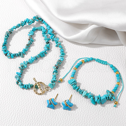 Synthetic Turquoise Chip with 304 Stainless Steel Beaded Necklace & Braided Bead Bracelet & Star Stud Earring FS-WG0BBF5-02-1