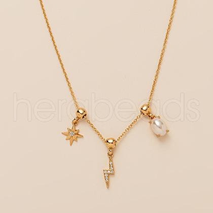 Lightning Bolt Star Brass Pave Clear and Purple Cubic Zirconia Pendant Necklaces for Women FS-WG06C6B-05-1